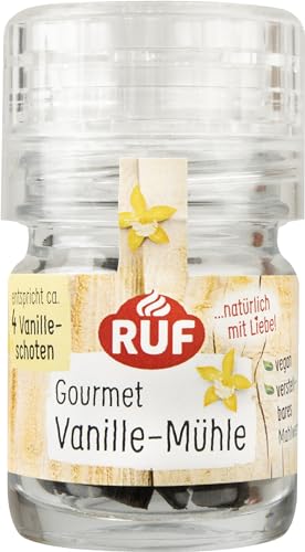 RUF Gourmet Vanille-Mühle, Gewürz-Mühle aus Glas, Verstellbares Mahlwerk, 7,5g Vanilleschoten zum Backen und Kochen, vegan von RUF