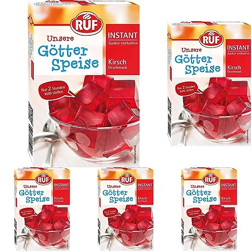 RUF Instant Götterspeise Kirsch Geschmack, Zucker bereits enthalten, nur 2 Stunden Kühlzeit, glutenfrei und vegan, 1x100g | 100 g (5er Pack) von RUF