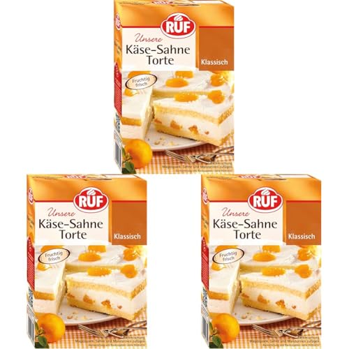RUF Käse-Sahne-Torte, Backmischung für Torte mit Biskuitboden und Sahnecreme, für Mandarinen, Kirschen, Stachelbeeren, Heidelbeeren (Packung mit 3) von RUF
