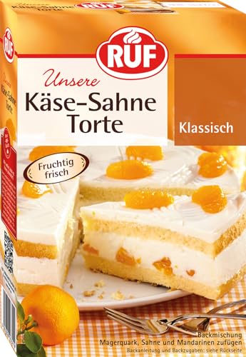 RUF Käse-Sahne-Torte, Backmischung für Torte mit Biskuitboden und Sahnecreme, für Mandarinen, Kirschen, Stachelbeeren, Heidelbeeren von RUF