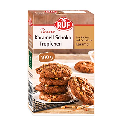 RUF Schoko-Tröpfchen Karamell, backfeste Karamell-Tropfen, zum Backen von Cookies, Muffins & Plätzchen, Topping für Eis, Müsli, Porridge & Bowl, glutenfrei, 100g von RUF