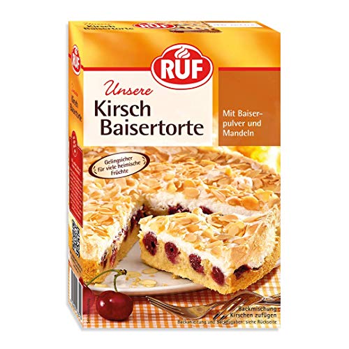 RUF Kirsch-Baiser-Torte, Backmischung für eine Baiser-Torte mit Kirschen oder Stachelbeeren und Mandeln, mit gelingsicherem Baiser-Pulver, 1 x 350g von RUF