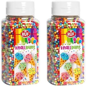 RUF Knallbunte Knusper-Kugeln, essbares Streu-Dekor in knallbunten Farben, bunte Crispies zum Verzieren von Eis, Kuchen, Torten & Muffins, 1 x 125g (Packung mit 2) von RUF