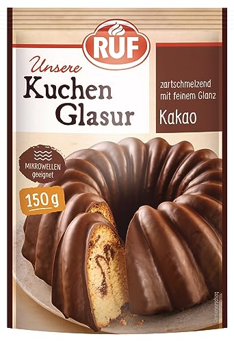 RUF Kuchen-Glasur Kakao Feinherb, Schokoladen-Fettglasur im 150 g Beutel, mikrowellengeeignet, zum Glasieren von Kuchen, Torten & Muffins, 1 x 150g von RUF