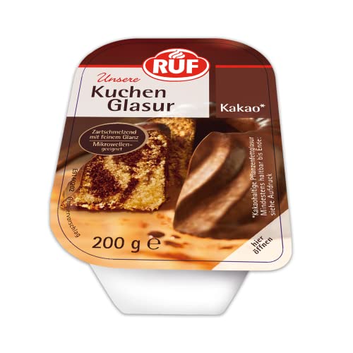 RUF Kuchen-Glasur Kakao, im Becher, mikrowellengeeignet, zum Glasieren & Dekorieren von Kuchen, Torten & Gebäck, glutenfrei, 12er Pack (12 x 200g) von RUF