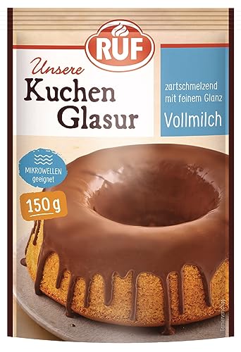 RUF Kuchen-Glasur Vollmilch-Schokolade, Fettglasur im 150 g Beutel, mikrowellengeeignet, zum Glasieren von Kuchen, Torten, Gebäck & Muffins, 1 x 150g von RUF