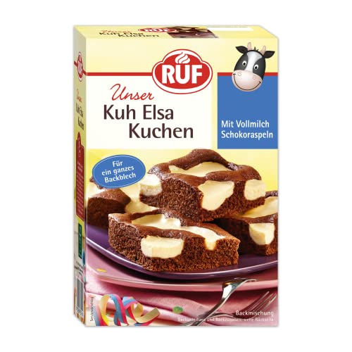 RUF Kuh Elsa Kuchen, Schokokuchen mit Kuhflecken aus Quarkcreme und Schokoraspeln aus Vollmilchschokolade, praktische Backmischung für Kindergeburtstage, 1x750g von RUF