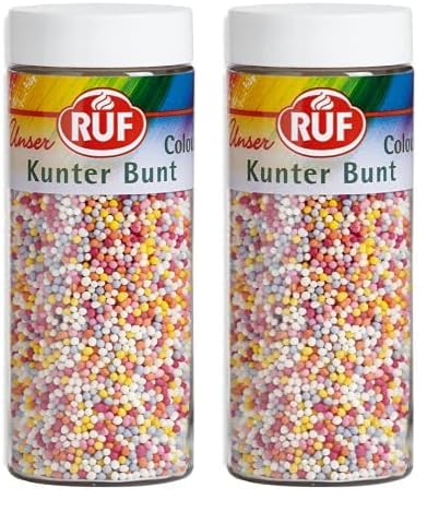 RUF Kunterbunte Nonpareilles, Zucker-Perlen, Streu-Dekor in bunten Farben, Mini Zucker-Kugeln zum Verzieren von Eis, Torten und Muffins (Packung mit 2) von RUF