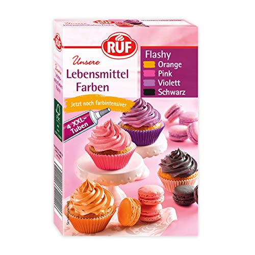 RUF Lebensmittel-Farben Flashy, 4 XXL Tuben in Orange, Pink, Violett, Schwarz, zum Färben von Teigen, Joghurt, Eis und Torten-Cremes, 4 x 20g von RUF