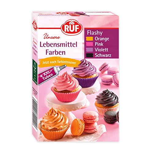 RUF Lebensmittel-Farben Flashy, 4 XXL Tuben in Orange, Pink, Violett, Schwarz, zum Färben von Teigen, Joghurt, Eis und Torten-Cremes, 4 x 20g RUF Lebensmittel-Farben Flashy, 4 XXL Tuben in Orange, Pink, Violett, Schwarz, zum Färben von Teigen, Joghurt, Eis und Torten-Cremes, 4 x 20g von RUF