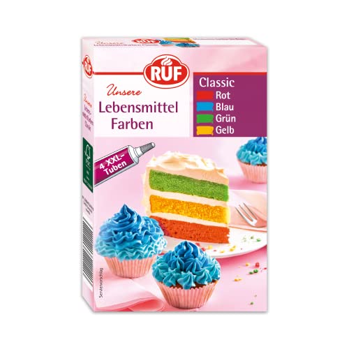 RUF Lebensmittel-Farben Classic, 4 XXL Tuben in Rot, Blau, Grün, Gelb, zum Färben von Teigen, Rainbow Cake, Fondant und Cremes, farbintensiv, 4 x 20g von RUF