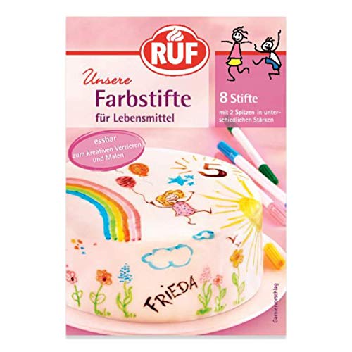RUF Lebensmittel-Farbstifte, 8 lebensmittelechte Speisefarben als Stifte-Set zum Malen & Schreiben auf Fondant & Co., Zucker-Stifte mit je 2 Spitzen von RUF
