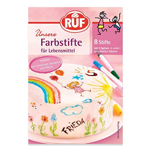 RUF Blau,Gelb,Grün,Rot, Lebensmittel-Farbstifte, 8 lebensmittelechte Speisefarben als Stifte-Set zum Malen und Schreiben auf Fondant, Keksen, Torten, 4 Zucker-Stifte mit je 2 Spitzen von RUF