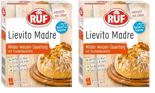 RUF Lievito Madre Sauerteig, milder Weizen-Sauerteig, Mutterteig, kurze Teigruhe durch enthaltene Trockenhefe, Lievito Madre getrocknet für Brot, Baguette, Focaccia, 3x35g (Packung mit 2) von RUF
