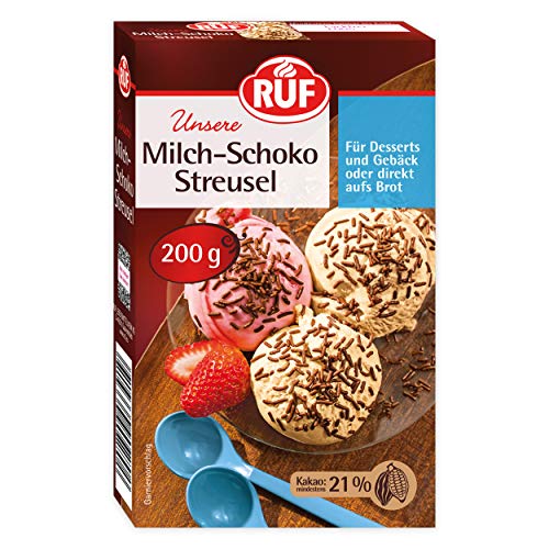 RUF Milch Schoko-Streusel, Schokoladen-Streusel, ideal auf Brot, für bunte Plätzchen, Kekse, Muffins, Dessert & Eis, glutenfrei, 1 x 200g von RUF