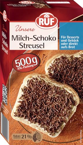 RUF Milch Schoko-Streusel XXL, 500 g Vollmilch Schokoladen-Streusel, aufs Brot, für bunte Plätzchen, Kuchen, Muffins, Pudding & Eis, glutenfrei von RUF