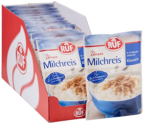 RUF Milchreis Klassisch, Reisbrei, geeignet als Dessert, Zwischenmahlzeit oder süße Hauptspeise, fertig in 10 Minuten, nur Milch hinzugeben, 16 x 125g von RUF