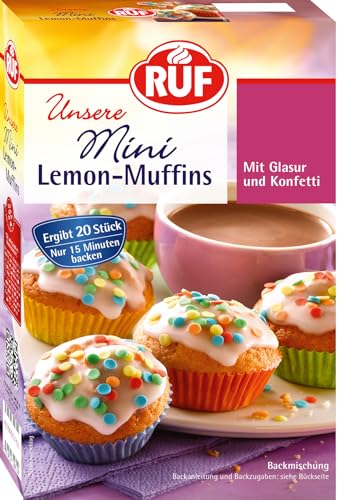 RUF Mini-Lemon-Muffins, Backmischung für Zitronen-Muffins mit Zitronenglasur und bunten Konfetti Streuseln, inkl. 20 bunte Muffin-Förmchen von RUF