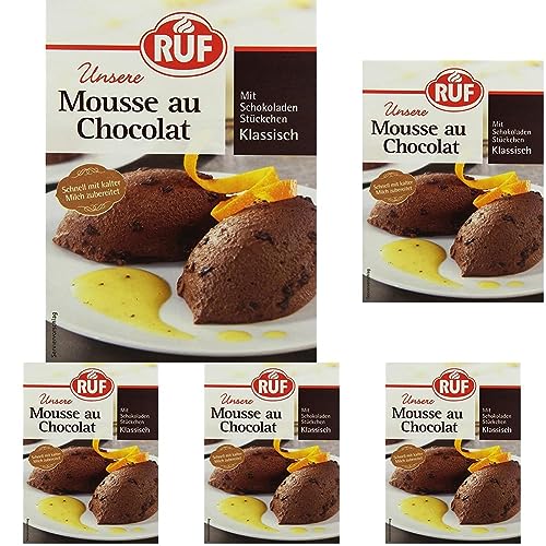 RUF Mousse au Chocolat mit zartschmelzenden Schokoladen Stückchen, klassische französische Nachspeise für Dessert Fans, glutenfrei, 1x100g (Packung mit 5) von RUF