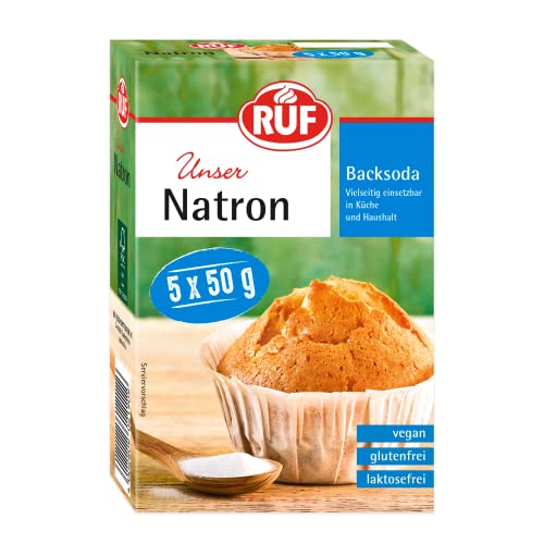 RUF Natron, Back-Soda, Alleskönner als Backtriebmittel, zum Binden von Säure, zum Entkalken und zur Verwendung in Haushalt & Bad, Vorratspack, 5 x 50g von RUF