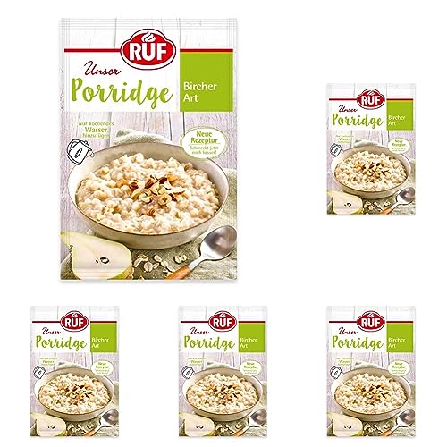 RUF Porridge Bircher Art mit Vollkorn Haferflocken, gehackten Haselnüssen und aromatischen Apfel- und Birnenstückchen, 1 x 65g Beutel, 65g(5er Pack) von RUF