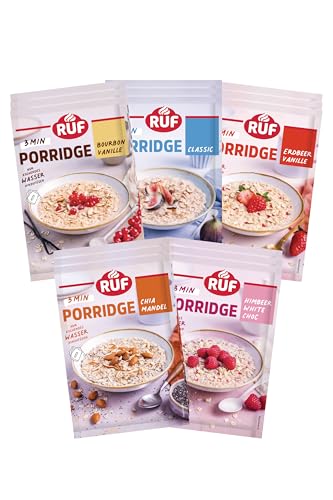 RUF Porridge Bundle (15 Stück) mit den Sorten Himbeer White Chocolate, Erdbeer Vanille, Bourbon-Vanille, Classic und Chia Mandel von RUF