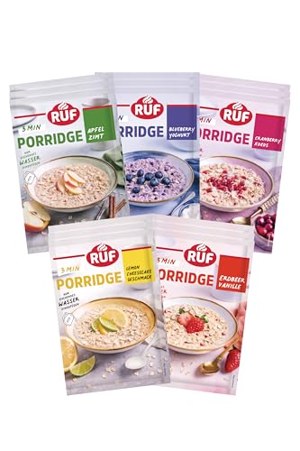 RUF Porridge Bundle Fruchtig (15 Stück) mit den Sorten Erbeer Vanille, Apfel Zimt, Blueberry Joghurt, Lemon Cheesecake und Cranberry Kokos von RUF