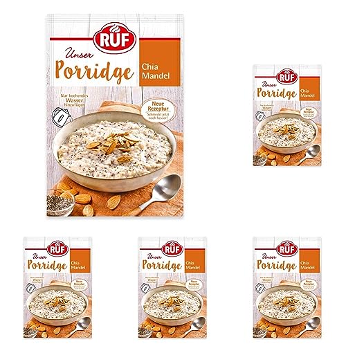 RUF Porridge Chia Mandel mit Chiasamen und gehackten Mandeln, das Superfood Oatmeal fürs Büro, den Workout-Snack oder Zwischendurch, 1 x 65g Beutel (Packung mit 5) von RUF