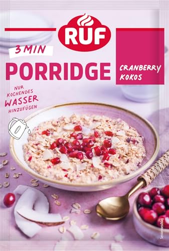 RUF Porridge Cranberry Kokos, sommerlicher Müsli Snack mit gefriergetrockneten Cranberrys und zarten Kokosflocken, einfache Zubereitung, 1x65g Beutel von RUF