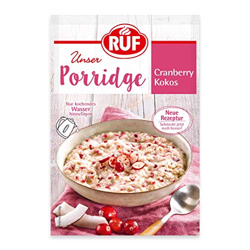 RUF Porridge Cranberry Kokos, sommerlicher Müsli Snack mit gefriergetrockneten Cranberrys und zarten Kokosflocken, einfache Zubereitung, 1x65g Beutel von RUF