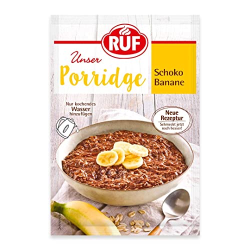 RUF Porridge Schoko Banane mit Vollkorn-Haferflocken, Kakaopulver und Bananenchips, noch knackiger wird’s mit frischen Nüssen verfeinert, 1x65g Beutel von RUF