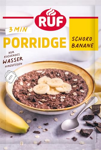 RUF Porridge Schoko Banane mit Vollkorn-Haferflocken, Kakaopulver und Bananenchips, noch knackiger wird’s mit frischen Nüssen verfeinert, 1x65g Beutel von RUF