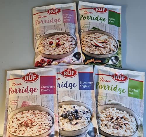 RUF Porridge Set: 2x Himbeer-White Choc 65g, 2x Blueberry-Joghurt 65g, 2x Bircher Art 65g, 2xZimt Apfel 65g, 2x Cranberry Kokos 65g von RUF