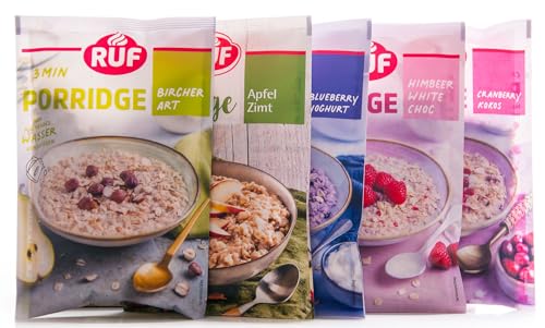 RUF Porridge Set: 2x Himbeer-White Choc 65g, 2x Blueberry-Joghurt 65g, 2x Bircher Art 65g, 2xZimt Apfel 65g, 2x Cranberry Kokos 65g von RUF