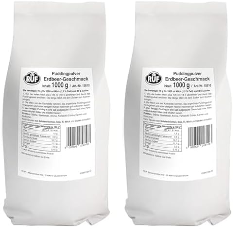 RUF Pudding Erdbeer, Puddingpulver mit Erdbeergeschmack, nur mit Milch und Zucker aufkochen, Großgebinde, glutenfrei, ohne Allergene, 1x1000g (Packung mit 2) von RUF