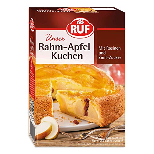 RUF Rahm-Apfelkuchen, Backmischung für einen Mürbeteig mit Äpfeln oder Pflaumen, Rosinen, eine Sahne-Creme-Füllung und Zimt-Zucker, vegan, 8 x 435g von RUF
