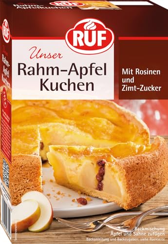 RUF Rahm-Apfelkuchen, Backmischung für einen Mürbeteig mit Äpfeln und Rosinen, Creme-Füllung und Zimt-Zucker, vegan von RUF