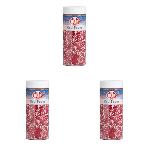 RUF Red Fever Streusel, glänzende Torten-Deko, Zucker-Perlen in rosa weiß und schimmernde rote Zucker-Kristalle, zum Verzieren von Plätzchen, Cupcakes Deko (Packung mit 3) von RUF