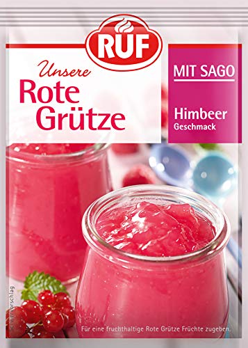 RUF Rote Grütze mit Himbeer-Geschmack, norddeutsche Spezialität mit Sago, fruchtiges Dessert für heiße Sommertage, glutenfrei und vegan, 18 x 43g von RUF