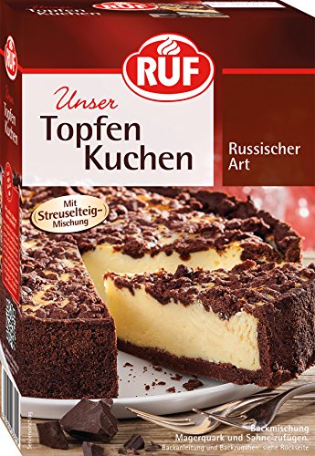 RUF Russischer Zupfkuchen, Backmischung für einen schokoladigen Streuselkuchen mit Quarkfüllung, Topfenkuchen, Streusel-Teig, vegan, 7er Pack (7x700g) von RUF