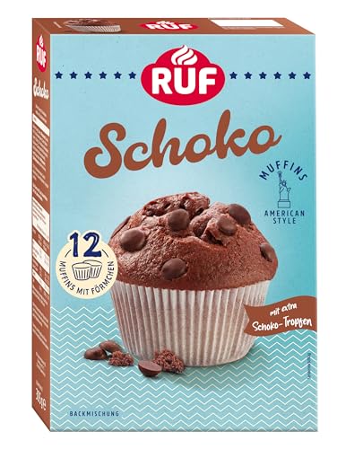 RUF Schoko-Muffins Backmischung, schokoladige American Style Muffins mit Schockoflocken, einfache Zubereitung, 12 Muffin-Förmchen inklusive von RUF