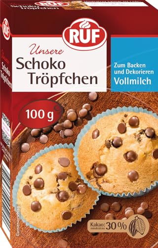RUF Schoko-Tröpfchen Vollmilch, backfeste Schokoladen-Tropfen zum Backen & Dekorieren von Kuchen & Co., Topping für Porridge, glutenfrei & vegan RUF Schoko-Tröpfchen Vollmilch, backfeste Schokoladen-Tropfen zum Backen & Dekorieren von Kuchen & Co., Topping für Porridge, glutenfrei & vegan von RUF