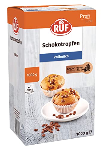 RUF Schoko Tröpfchen Vollmilch mit mind. 30% Kakaogehalt, zum Mitbacken und Garnieren von Kuchen, Cremetorten, Cookies und Desserts, glutenfrei, für Großverbraucher, 1x1000g von RUF