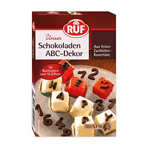 RUF Schokoladen ABC-Dekor, Zahlen und Buchstaben aus Zartbitter-Kuvertüre, zum Garnieren & Dekorieren von Torten & Kuchen, glutenfrei & vegan, 1 x 48g von RUF