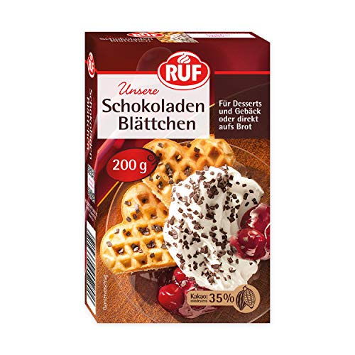 RUF Schokoladen-Blättchen Kakao, Schoko-Plättchen direkt aufs Brot, Schoko-Dekor für Torten, Kuchen, Muffins, Cup-Cakes & Desserts, 1 x 200g von RUF