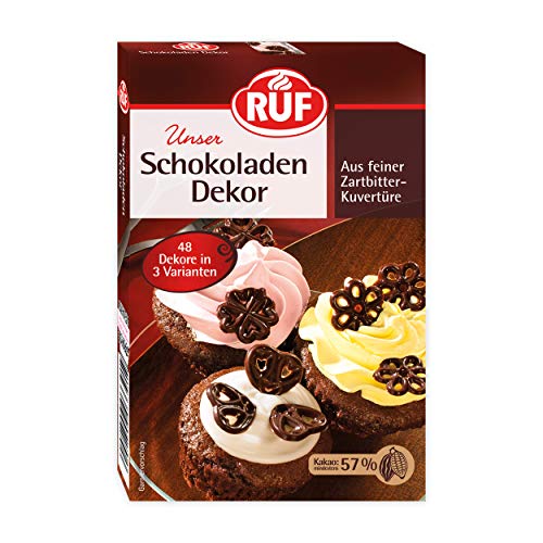 RUF Schokoladen-Dekor, 48 Ornamente aus Zartbitter-Kuvertüre, zum Garnieren & Dekorieren von Torten, Kuchen, Gebäck & Eis, glutenfrei & vegan,1 x 38g von RUF
