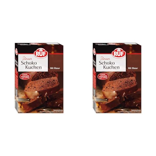 RUF Schokoladen-Kuchen, Backmischung mit einfacher Zubereitung für schokoladigen und saftigen Lieblingskuchen mit Kakao-Glasur, 1 x 475g (Packung mit 2) von RUF