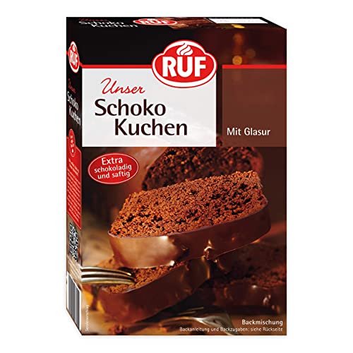 RUF Schokoladen-Kuchen, Backmischung mit einfacher Zubereitung für schokoladigen Lieblingskuchen mit Kakao-Glasur, extra schokoladig und saftig, vegan, 1x475g von RUF