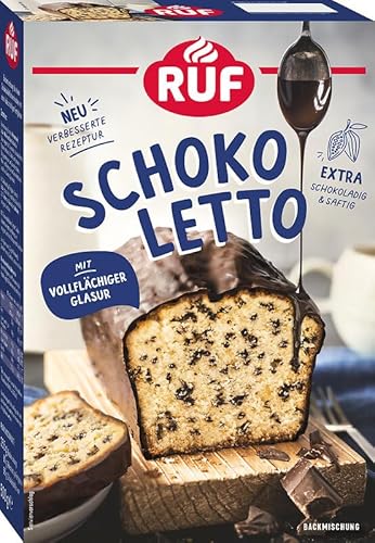RUF Schokoletto, Backmischung für einen Kastenkuchen aus besonders saftigem Rührteig mit Schoko-Stückchen und vollflächiger Glasur von RUF