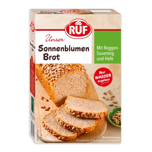 RUF Sonnenblumen Brot, nur Wasser hinzufügen, Brotbackmischung mit Sonnenblumenkernen, Brotteigmischung mit Roggen-Sauerteig und Hefe für Sonnenblumenkernbrot, 1 x 410g von RUF